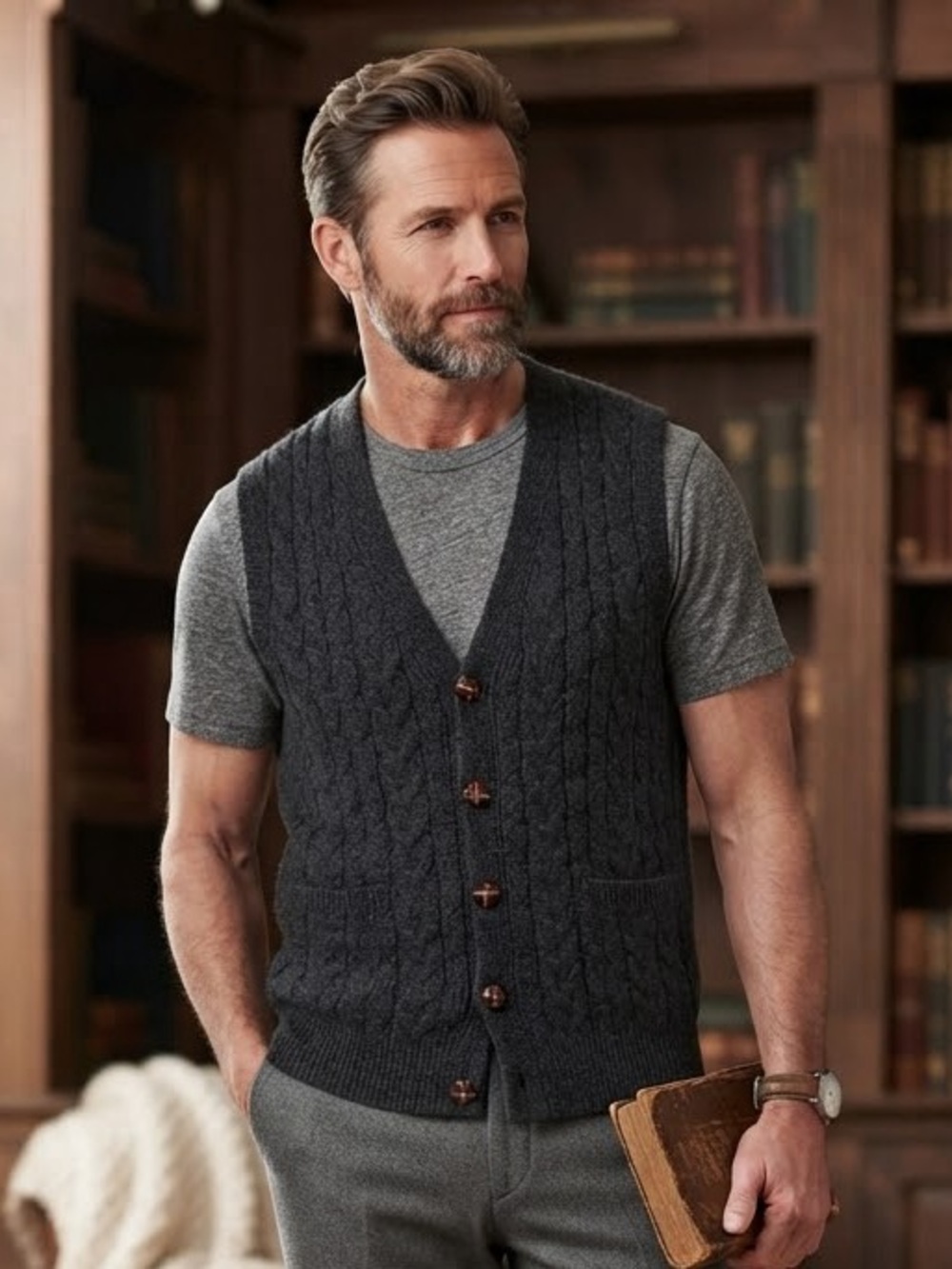 Carraig Donn Charcoal Grey Wool Cable Knit Vest Irish